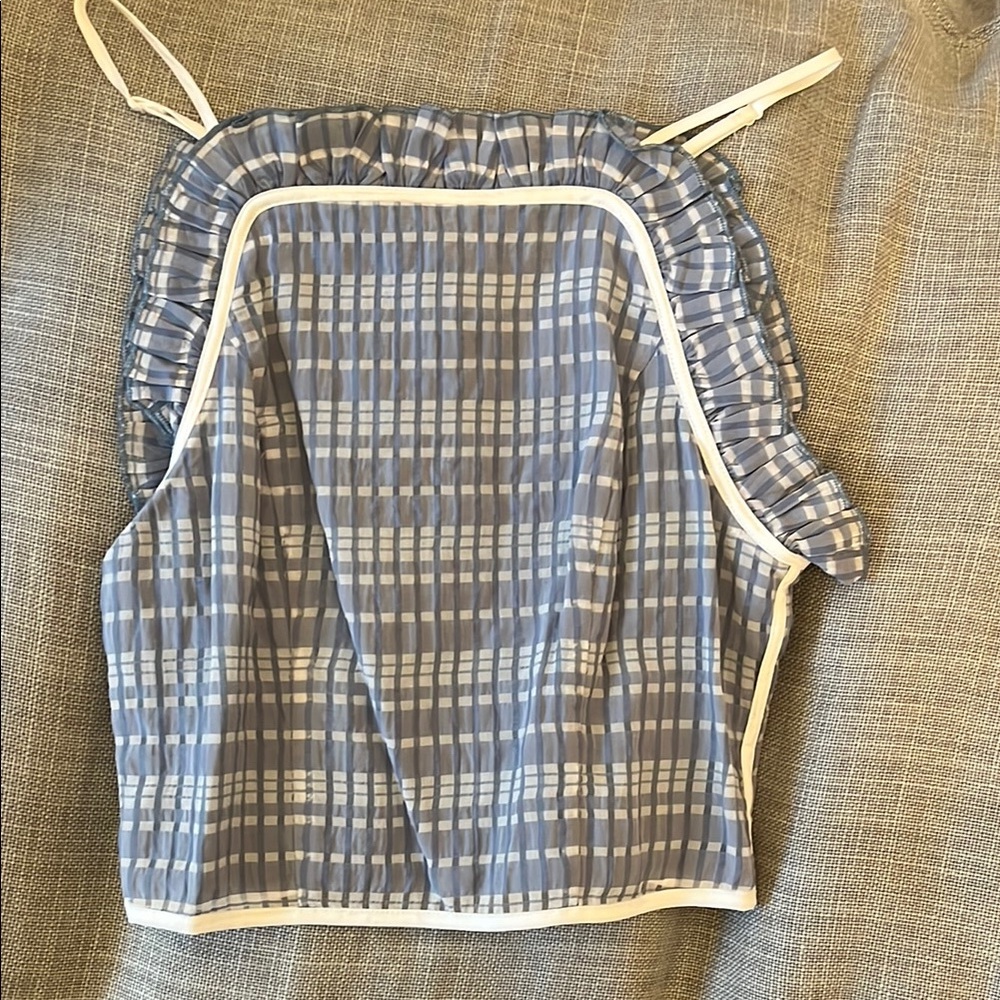 STAUD Blue and White Ruched Camisole Crop Top